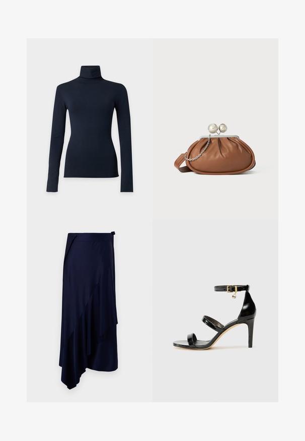 Marineblaues langärmliges Rollkragenoberteil mit figurbetonter Silhouette, gezeigt auf einem einfarbigen hellgrauen Hintergrund.; Rabanne Bleistiftrock - deep navy; Schwarze Lackleder-Sandale mit drei Riemen, Knöchelriemen und 10 cm hohen Stiletto-Absatz. Verfügt über goldfarbene Hardware-Details und ein Logo-Charm.; Braune Leder-Clutch mit silbernem Kugelverschluss und einem kleinen silbernen Kettendetail auf weißem Hintergrund.