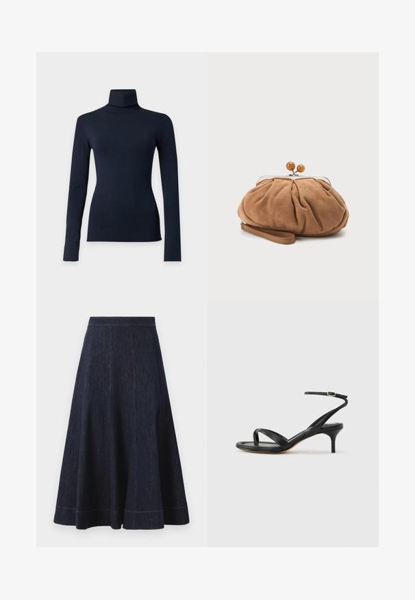 Haut col roulé bleu marine à manches longues avec une silhouette ajustée, présenté sur un fond uni gris clair.; Jupe en denim bleu foncé avec une silhouette évasée, présentant des détails de couture verticaux et des coutures orange contrastantes le long de l'ourlet.; Sandale pour femme en cuir noir avec fines lanières, une boucle d'orteil, une boucle à la cheville et un talon aiguille de hauteur moyenne sur un fond neutre.; Petit sac pochette en daim marron doux avec tissu froncé, fermoir métallique, accents de perles en bois et bracelet pour poignet sur fond blanc.