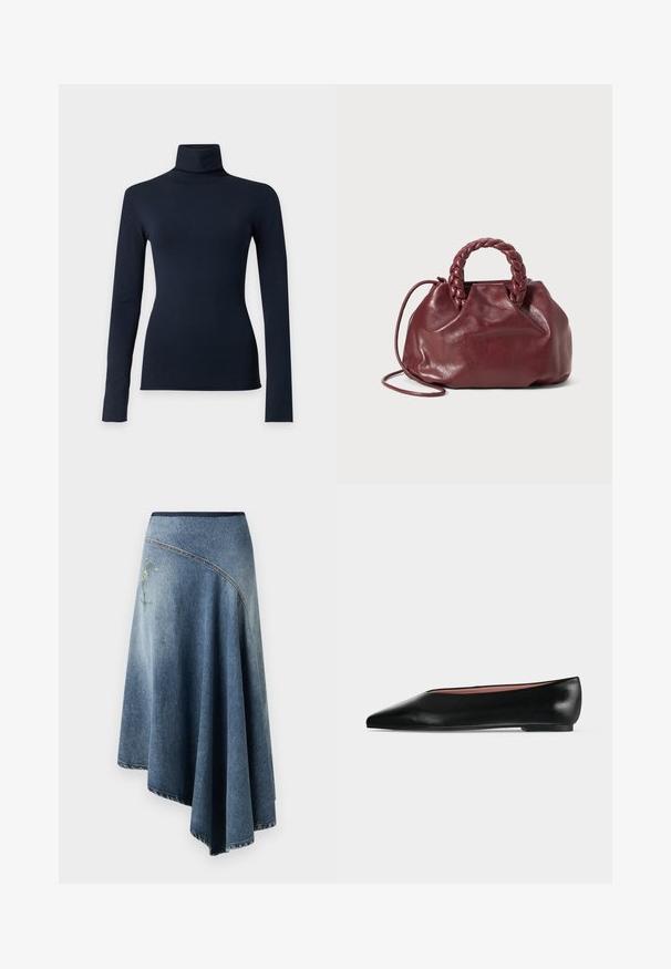 Donkerblauwe coltrui met lange mouwen en een aansluitende pasvorm, afgebeeld op een effen lichtgrijze achtergrond.; Denim wikkelrok in een licht naar donkerblauwe gradient, met een geborduurd bloemenpatroon aan één kant en zichtbare stikdetails langs de randen.; Zwarte leren damesschoen met platte zool, puntige neus en lage hak, zijwaarts afgebeeld tegen een effen lichtgrijze achtergrond.; Bordeaux lederen handtas met een gevlochten handvat, zachte textuur en een ronde vorm. Voorzien van een afneembare schouderriem voor veelzijdigheid.