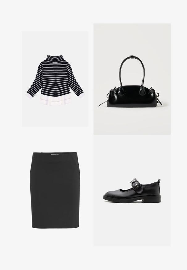Sort og hvid stribet turtleneck sweater lavet af strikket stof, med lange ærmer og en lidt længere bagkant.; Sort knælængde pencilskørt med lige pasform og lynlås i siden.; Sort læder Mary Jane-sko med tyk sål, rundet tå, sølvspænde og trækflig bagpå.; Lille sort blank håndtaske med to lange håndtag og snøre-detaljer i siden på en ensfarvet lys baggrund.
