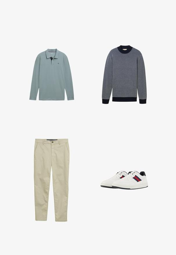 Marineblå striktrøje med et tekstureret mønster, ribbet krave og manchetter, lange ærmer og en rund halsudskæring.; Langærmet polo-shirt i lys blå med en kontrastfarvet navy krave. Cotton materiale, med et lille logo på venstre bryst. Klassisk pasform.; Beige chinos lavet af letvægtsstof, med flad front, to sidelommer og knaplukning, i en slank, lige ben-design.; TOM TAILOR Sneakers - white navy