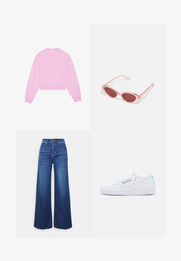 Sweat-shirt court rose avec de longues manches légèrement bouffantes, des poignets côtelés et un col rond, fabriqué dans un tissu doux et texturé.; Jeans en denim à jambes larges de couleur indigo moyen, avec une taille haute, des poches avant et un dégradé subtil. Design classique à cinq poches avec des détails de couture.; Basket en cuir blanc avec col rembourré, bout rond, panneaux perforés, lacets plats et accents verts sur la marque et le talon. Semelle en caoutchouc.; Lunettes de soleil transparentes roses avec des verres ovales, teintés d'un rouge foncé, et des branches fines, présentant une finition lisse et des détails subtils sur la monture.