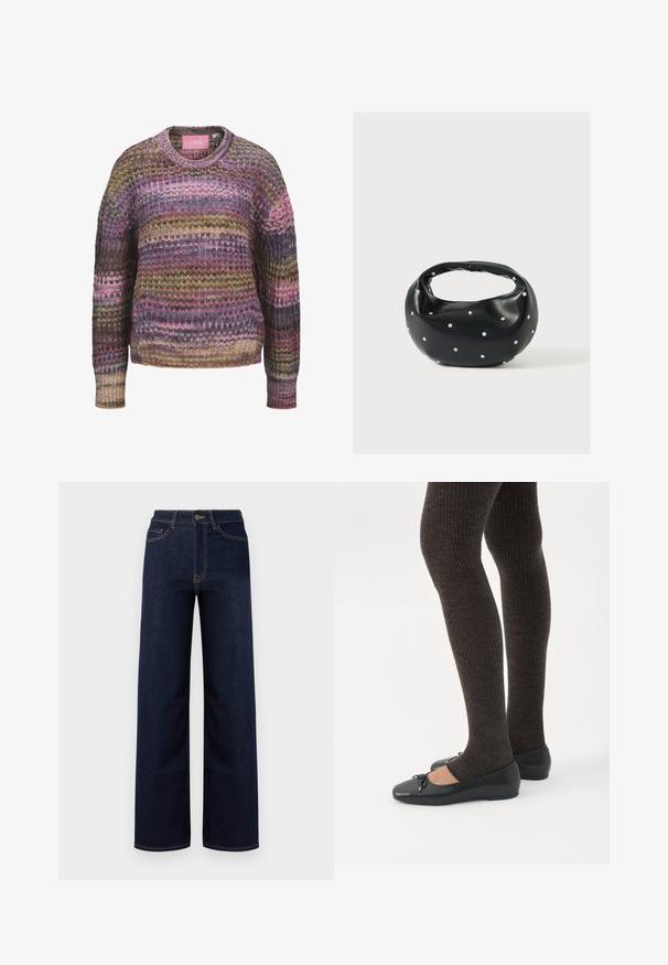 Multifarvet strikket sweater med vandrette striber i pink, brun, gul og blå, med rund hals og ribstrikkede manchetter og kant.; Mørkeblå bredbenede jeans lavet af denim, med høj talje, fire lommer og kontrastfarvet syninger langs sømmene.; Ben iført mørke ribbede leggings kombineret med sorte balletsko med små sløjfedetaljer på hvid baggrund.; Sort læderhåndtaske med en rundet form, dekoreret med sølvnitter, og et kort håndtag. Glat tekstur og lynlåslukning.