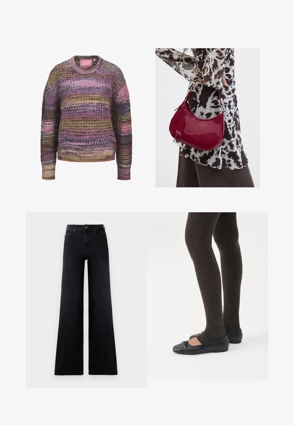 Multifarvet strikket sweater med vandrette striber i pink, brun, gul og blå, med rund hals og ribstrikkede manchetter og kant.; Højtaljede sorte wide-leg jeans med frontlommer, bælteløkker og knappelukning.; Ben iført mørke ribbede leggings kombineret med sorte balletsko med små sløjfedetaljer på hvid baggrund.; Kvinde iført en sort- og hvidmønstret bluse, der holder en blank rød skuldertaske mod en ensfarvet baggrund.