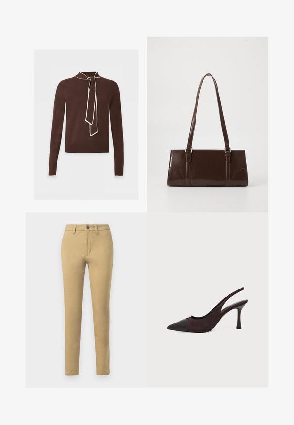 Brun langærmet sweater med cremefarvet kant på krave, manchetter og bundet halstørklædedetalje, vist mod en lys baggrund.; Khaki chinos lavet af en blanding af bomuldsstof, med slim fit, bæltestropper, frontlommer og en enkelt knaplukning.; Sort og mørkebrun læder- og ruskinds-slingback højhælet sko med spids tå og slank stilethæl på hvid baggrund.; Brun lakeret håndtaske med rektangulær form, to lange håndtag og subtile buede detaljer på fronten.