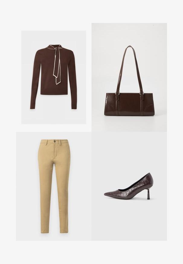 Brun langærmet sweater med cremefarvet kant på krave, manchetter og bundet halstørklædedetalje, vist mod en lys baggrund.; Khaki chinos lavet af en blanding af bomuldsstof, med slim fit, bæltestropper, frontlommer og en enkelt knaplukning.; Brune kunstlæder stiletter med spidse tæer og krokodilletekstur, der har en slank, vinklet hæl og en glat inderside.; Brun lakeret håndtaske med rektangulær form, to lange håndtag og subtile buede detaljer på fronten.