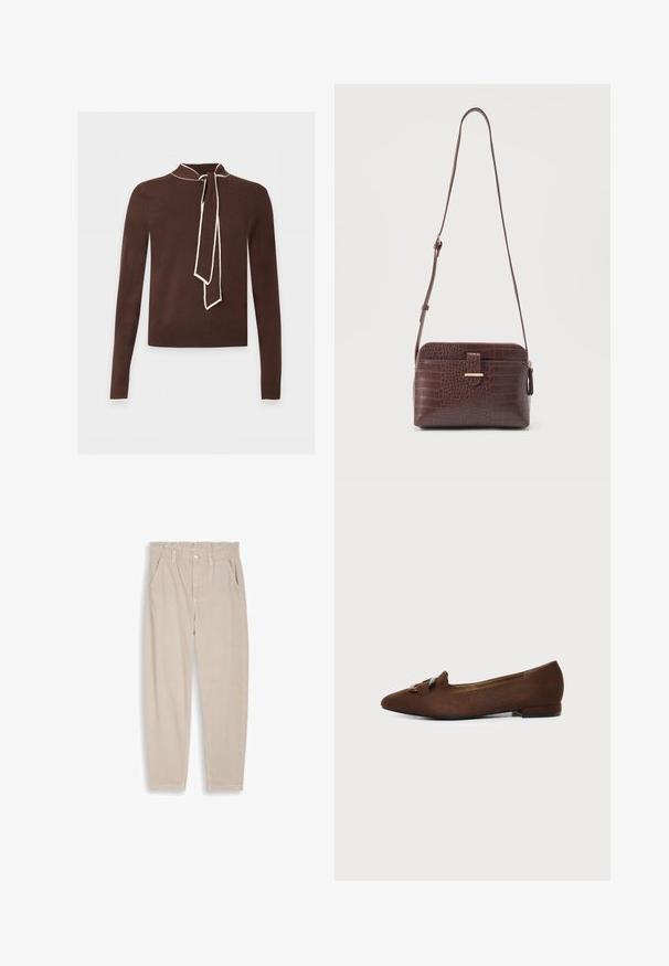 Pull marron à manches longues avec bordure crème au niveau du col, des poignets et un détail d'écharpe nouée au cou, présenté sur un fond clair.; Pantalon beige à jambes droites avec taille élastique, passants pour ceinture, fermeture par bouton et poches avant, présenté sur un fond uni.; Chaussure plate marron à bout pointu avec détail décoratif de boucle sur le dessus, sur fond clair uni.; Sac bandoulière en cuir embossé façon croco marron avec sangle réglable et poche avant à rabat sur fond uni.