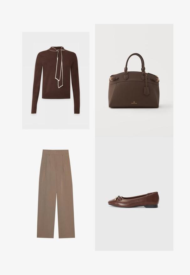 Brun langærmet sweater med cremefarvet kant på krave, manchetter og bundet halstørklædedetalje, vist mod en lys baggrund.; Brune plisserede bukser med bred ben-design, der har en flad talje og sidelommer, lavet af et letvægtsstof.; Brune læderballetsko med rund tå, lille sort hæl og en dekorativ sløjfe med guldaccenter foran. Glat tekstur.; Mørkebrun læderhåndtaske med dobbelte håndtag, guldspænder, en hængende mærkat og "Anna Field"-logo på frontens midte.