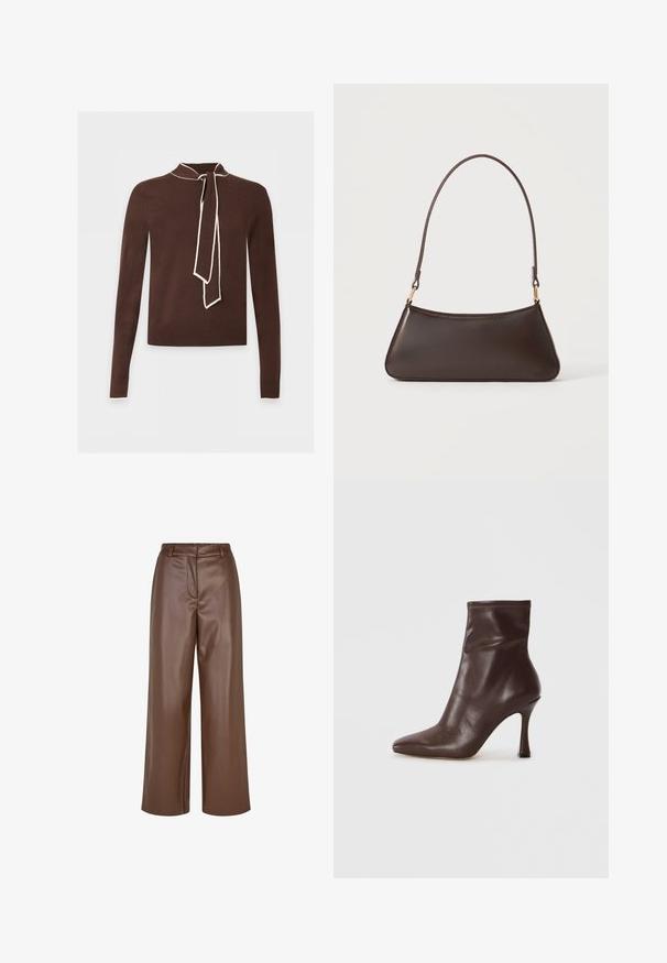 Pull marron à manches longues avec bordure crème au niveau du col, des poignets et un détail d'écharpe nouée au cou, présenté sur un fond clair.; Pantalons larges en simili cuir marron avec une texture lisse, des passants de ceinture et un pli avant au niveau de la taille.; Bottine en cuir marron avec un bout pointu et un talon stiletto fin. Présente une texture lisse et des détails cousus autour de l'ouverture.; Sac à main en cuir marron foncé avec une fermeture éclair incurvée en haut et une fine bandoulière avec des fermoirs dorés sur un fond uni.
