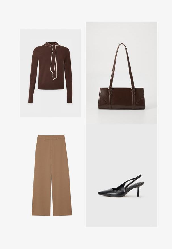 Pull marron à manches longues avec bordure crème au niveau du col, des poignets et un détail d'écharpe nouée au cou, présenté sur un fond clair.; Pantalons à jambes larges de couleur marron uni, fabriqués à partir d'un tissu texturé ; dotés d'une taille haute et d'un design structuré avec passants de ceinture.; Chaussure à talon haut en cuir noir, à bride arrière, avec un bout pointu et un talon fin sur fond blanc.; Sac à main en cuir verni marron de forme rectangulaire, avec deux longues poignées et des accents courbés subtils à l'avant.