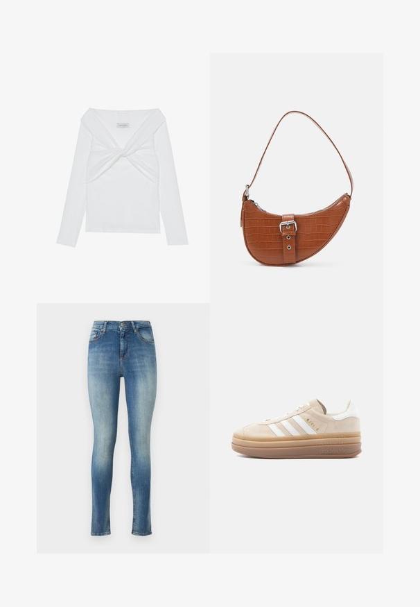 Top blanco de manga larga acanalado con diseño de frente retorcido, con un escote ancho y bordes sin costuras. Etiqueta de marca: Anna Field.; Jeans ajustados en denim azul claro. Presentan una cintura de altura media, cinco bolsillos y un ligero desvanecimiento en la parte delantera y trasera para un aspecto desgastado.; Zapatilla de ante beige con detalles en cuero blanco, que cuenta con tres franjas blancas, un logo dorado y una suela gruesa de goma translúcida.; Vero Moda VMKYRA SHOULDER BAG - Bolso de mano - cognac