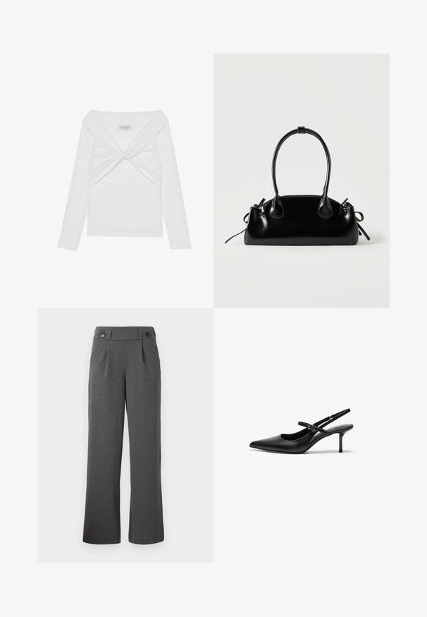 Haut à manches longues blanc côtelé avec un design à front tordu, présentant un large col et des bords sans coutures. Marque : Anna Field.; Pantalons large gris en tissu texturé, avec une taille haute, des plis à l'avant et deux boutons à la taille.; Talons aiguilles noires en cuir avec un bout pointu, une fine bride réglable, et un talon aiguille d'environ 5 cm, texture lisse.; Petit sac à main noir brillant avec deux longues anses et des détails à cordon sur les côtés sur un fond clair uni.