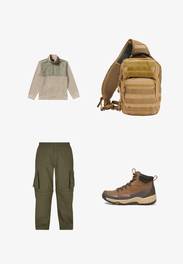 Fleece pullover i beige og olivengrøn med halvlukket design, høj krave og to sidelommer. Glat tekstur på det øverste panel.; Olivengrøn cargo-bukser lavet af letvægtsstof, med flere sidelommer, elastisk talje og lige pasform.; Brun og beige vandrestøvle i mellem højde med sort polstret krave, Gore-Tex-logo, metaløjer og Vibram-ydersål.; Tan taktisk rygsæk med flere lommer, webbing remme, polstret mesh ryg, lynlåse og forstærkede sømme for holdbarhed.