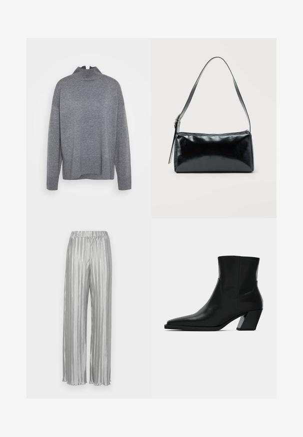 ONLY Tall ONLCOCO LIFE HIGH NECK - Svetrík - medium grey melange; Strieborné plisované nohavice s elastickým pásom, širokými nohavicami a hladkým metalickým povrchom. Vertikálne pruhy zvyšujú vizuálnu príťažlivosť.; Čierna kožená členková topánka s špicatou špičkou, elegantným siluetou a masívnym štvorecovým podpätkom. Hladký povrch s minimálnymi švovými detailmi.; Čierna obdĺžniková kabelka na rameno s jedným nastaviteľným remienkom a horným zipsom na jednofarebnom pozadí.