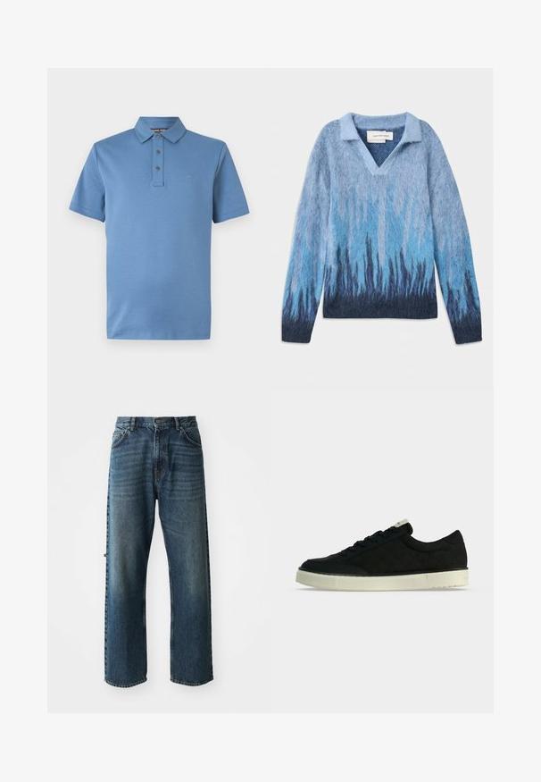 V-hals trui met een kraag, gemaakt van zacht blauw verloopstof, met een gestructureerd ontwerp en donkere blauwe accenten aan de zoom.; Blauw poloshirt met korte mouwen, klassieke kraag, drieknopenbies en subtiel "MK"-logo op de linkerborst.; NN.07 OTIS - Straight leg jeans - stonewashed; Zwarte lage sneaker met zwarte veters en een dikke gebroken-witte rubberen zool, zijaanzicht op een effen lichte achtergrond.