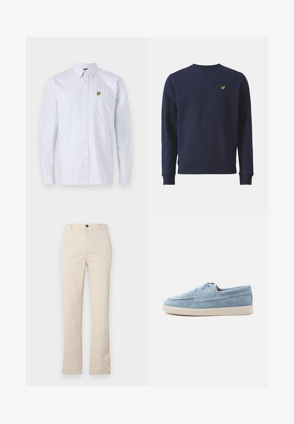Dunkelblaues Sweatshirt aus weichem Stoff, mit Rundhalsausschnitt, gerippten Bündchen und einem kleinen gelben gestickten Logo auf der Brust.; Hellblau gestreifte Button-Down-Hemd mit einem kleinen gelben Logo auf der Brusttasche. Mit klassischem Kragen und langen Ärmeln. Aus Baumwollmaterial.; Helle beige Baumwollhose mit geradem Bein, vorn mit Knopfverschluss, Reißverschluss und minimalen Nähten.; Hellblauer lässiger Schnürschuh aus Wildleder mit weißer Gummisohle, flachem Schnitt und gesteppten Details vor schlichtem Hintergrund.