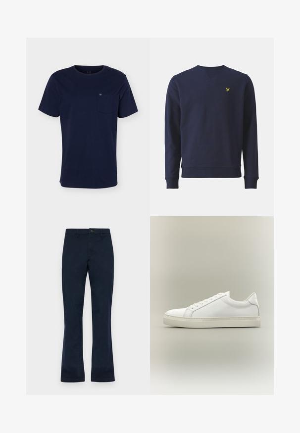 Dunkelblaues Sweatshirt aus weichem Stoff, mit Rundhalsausschnitt, gerippten Bündchen und einem kleinen gelben gestickten Logo auf der Brust.; Marineblaues T-Shirt mit kurzen Ärmeln und Rundhalsausschnitt mit einer Brusttasche, die ein kleines Logo auf einfarbigem Hintergrund zeigt.; Navyblaue Baumwollhose mit geradem Bein, ausgestattet mit einem Knopfverschluss vorne, Gürtelschlaufen und zwei Seitentaschen. Glatte Textur.; Weißer Sneaker mit niedrigem Schaft, vorn mit Schnürung und dicker Sohle, aus der Seitenansicht vor neutralem Hintergrund.