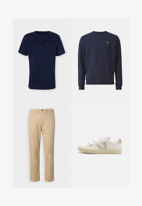 Sudadera azul marino de tejido suave, con cuello redondo, puños acanalados y un pequeño logo amarillo bordado en el pecho.; Camiseta azul marino de manga corta con cuello redondo y bolsillo en el pecho que muestra un pequeño logo sobre un fondo liso.; GAP SLIM PERFORMANCE STRETCH - Pantalones chinos - khaki; Zapatillas de cuero blancas con correas de Velcro, acentos beige, punta redondeada, suela de goma texturizada y logo en relieve. Diseño minimalista.