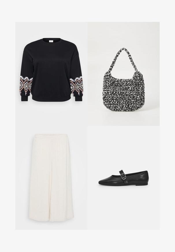 Sort sweatshirt med rund hals. Lange ærmer med intrikate broderede mønstre i hvid, pink og gul på manchetterne. Blødt stof.; Hvide linned culotter med elastisk talje, brede ben og en tekstureret overflade. Beklædningen har en løs, afslappet pasform for komfort.; Sorte læder flade sko med rund tå, et enkelt justerbart spænde og en glat, blank overflade. Minimalistisk design med en lav hæl.; Vævet håndtaske i sort og hvid med en rund form, tekstureret overflade og et fletet håndtag. Velegnet til afslappet brug.