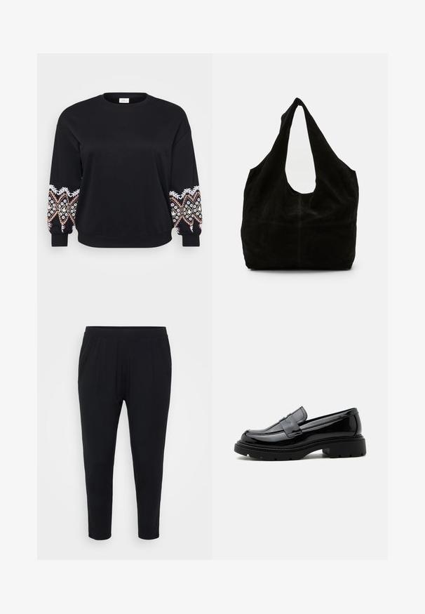 Sweatshirt noir avec col rond. Manches longues ornées de motifs brodés complexes en blanc, rose et jaune sur les poignets. Tissu doux.; Pantalon noir avec une coupe décontractée, taille élastique et plis discrets. Fabriqué dans un tissu doux, avec des jambes fuselées et sans poches.; Mocassin en cuir noir brillant avec semelle épaisse à crampons et bride penny, présenté en profil latéral sur fond blanc uni.; Sacoche en suède noir présentant un design décontracté, une large sangle courbée et une apparence homogène avec un minimum de coutures.