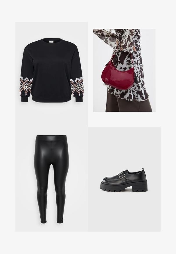Zwarte sweatshirt met ronde hals. Lange mouwen met ingewikkelde geborduurde patronen in wit, roze en geel op de manchetten. Zachte stof.; Zwarte leggings van een glad, glanzend materiaal. Hoge tailleband, strakke pasvorm en geen zichtbare naden of patronen.; Zwarte leren plateau schoenen met een ronde neus, een brede gesp aan de zijkant en een geribbelde rubberen zool.; Vrouw met een zwart-wit gebloemde blouse houdt een glanzende rode schoudertas vast tegen een effen achtergrond.