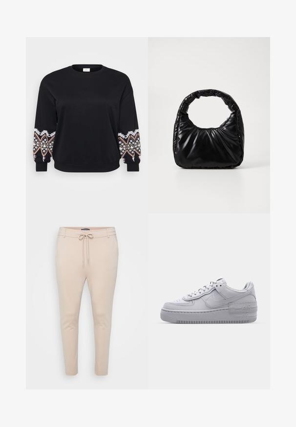 Sort sweatshirt med rund hals. Lange ærmer med intrikate broderede mønstre i hvid, pink og gul på manchetterne. Blødt stof.; Beige letvægts joggerbukser med snoretræk i taljen og to sidelommer. Glat tekstur, tapered ben og minimalt sømadetail.; Grå Nike Air Force 1 sneakers med perforeret tå, glat læderoverdel, tyk sål og præget 'AIR' detalje på hælen.; Sort polstret håndtaske med et rundt håndtag, der har en glat, skinnende overflade og en blød, kviltet tekstur. Ingen synlige hardware eller accenter.