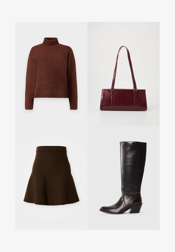 Brun rullekrave sweater lavet af blødt strikket stof, med en afslappet pasform, ribbede manchetter og kant. Glat tekstur med minimal detaljer.; Brun udvidet nederdel lavet af et blødt stof med en glat tekstur. Har en tætsiddende talje og et knælangt design, uden synlige mønstre.; Knæhøj, mørkebrun læderstøvle med spids tå, vinkelret blokhæl og en glat, blank overflade. Har et enkelt design og syningsdetaljer.; Bordeaux håndtaske lavet af glansfuldt materiale, rektangulær form, med to skulderremme og subtile buede detaljer på forsiden.