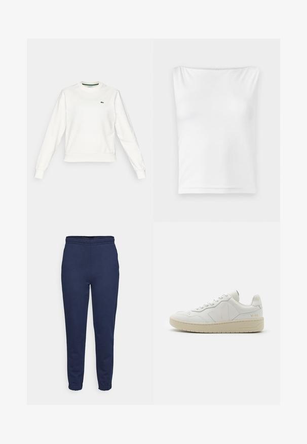Valkoinen crewneck-huppari, jossa on pitkät hihat, ribbed hihansuut ja helma, ja jonka vasemmassa rinnassa on pieni vihreä krokotiililogo.; Valkoinen ilmanhiha toppi, jossa on suora pääntie, valmistettu sileästä kankaasta, jossa on istuva siluetti ja ei näkyviä kiinnikkeitä tai kuvioita.; Tummansiniset collegehousut, joissa on joustava vyötärönauha ja nilkkateipit, etunäkymä, valmistettu pehmeästä kankaasta rentoon käyttöön.; Valkoiset nahkakengät, joissa on rei'itetty varvasosa, kontrastoiva beige kumipohja sekä logo-yksityiskohtia sivuilla ja kantapäässä. Minimalistinen muotoilu.