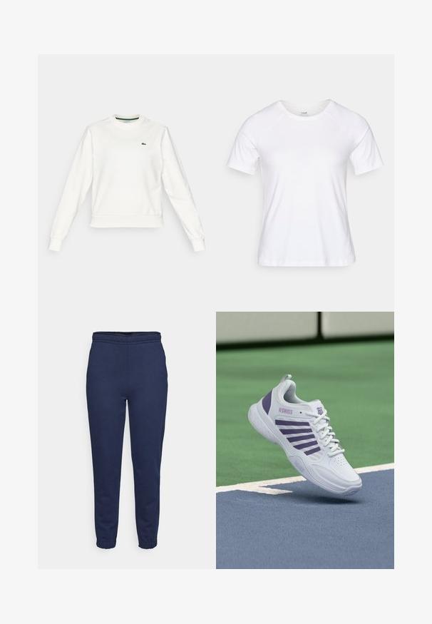 Weißes Rundhals-Sweatshirt mit langen Ärmeln, gerippten Bündchen und Saum, mit einem kleinen grünen Krokodil-Logo auf der linken Brust.; Weißes kurzärmeliges T-Shirt aus weichem Baumwollmix-Gewebe, mit einem runden Ausschnitt und Raglanärmeln, glatte Textur ohne Muster.; Marineblaue Jogginghose mit elastischem Bund und Knöchelabschlüssen, Vorderansicht, aus weichem Stoff für lässige Outfits.; Weißer und violetter K-Swiss Tennisschuh schwebt über einer blau-grünen Tennisplatzfläche mit weißen Begrenzungslinien.