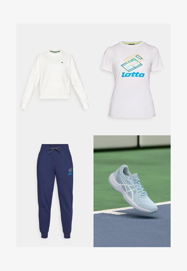Hvid crewneck sweatshirts med lange ærmer, ribbede manchetter og kant, der har et lille grønt krokodille-logo på venstre bryst.; Hvid kortærmet t-shirt lavet af bomuld, med et farverigt geometrisk grafisk design og "lotto" logo i blåt på forsiden.; Mørkeblå sweatpants med snor i taljen og ankelsyninger. Har et Lotto-logo i livlige farver på venstre lår. Lavet af blødt stof.; Lyseblå sportssko med mesh-overdel, teksturerede detaljer og en polstret sål, svævende over en blå banesurface.