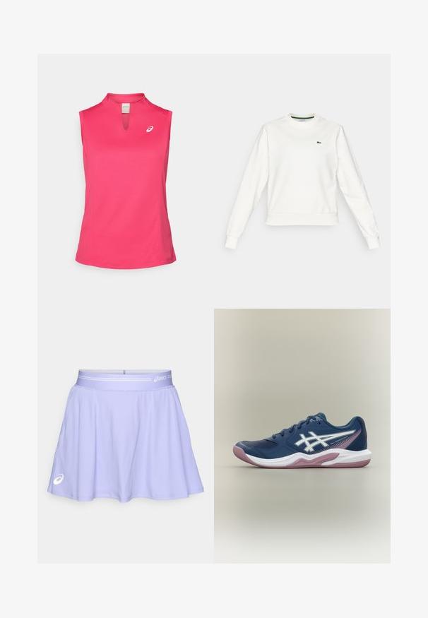 Witte sweatshirt met ronde hals en lange mouwen, met ribgebreide manchetten en zoom, voorzien van een klein groen krokodillenlogo op de linkerborst.; ASICS COURT TANK - Top - bright rose; Lichtpaarse sportrok gemaakt van rekbaar materiaal. Heeft een brede tailleband met een witte accenten en een logo op de onderkant links.; Marineblauwe sportschoen met witte en roze zool, wit logo aan de zijkant, vetersluiting en meshdetails op de neus en zijkanten.