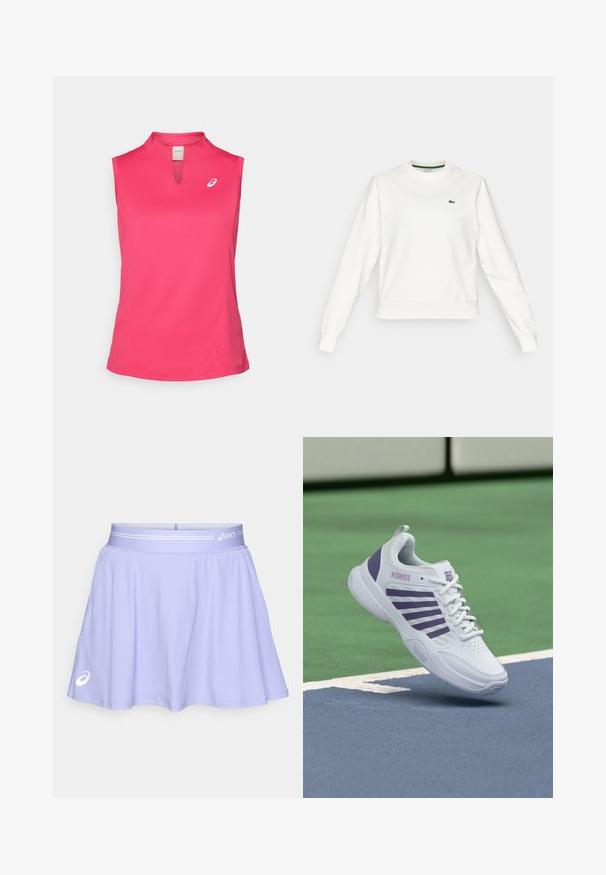 Witte sweatshirt met ronde hals en lange mouwen, met ribgebreide manchetten en zoom, voorzien van een klein groen krokodillenlogo op de linkerborst.; ASICS COURT TANK - Top - bright rose; Lichtpaarse sportrok gemaakt van rekbaar materiaal. Heeft een brede tailleband met een witte accenten en een logo op de onderkant links.; Witte en paarse K-Swiss tennisschoen zwevend boven een blauw-groen tennisbaanoppervlak met witte begrenzingslijnen.