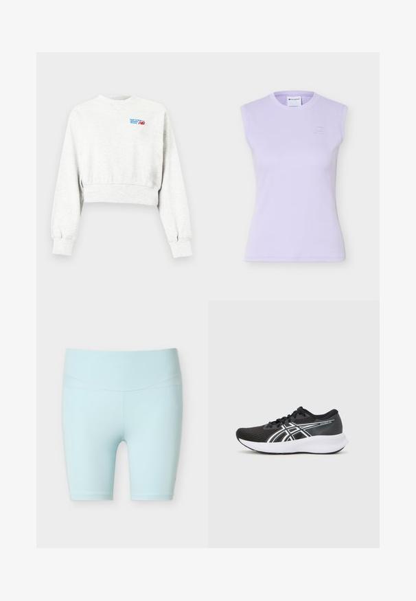 Sweat-shirt gris clair court avec manches longues et petit logo "new balance athletic shoes" bleu et rouge sur le haut gauche de la poitrine.; Haut lilas sans manches en maille côtelée, avec col rond et logo Champion brodé discret sur le côté gauche de la poitrine.; Shorts de sport bleu clair, taille haute, longueur au genou, avec coutures plates conçues pour le confort et la flexibilité.; Baskets de sport noires avec une tige en maille texturée, accents blancs et une semelle blanche rembourrée. Présente un logo sur le côté et des lacets.