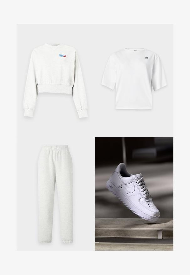 Svetlosivé krátke tričko s dlhými rukávmi a malým modrým a červeným logom "new balance athletic shoes" na ľavej hornej strane hrudníka.; Biele tričko s krátkym rukávom a okrúhlym výstrihom so čiernym logom The North Face na ľavej strane hrudníka.; Svetlo šedé tepláky s elastickým pásom, zúženými nohavicami a rebrovanými manžetami. Vyrobené z mäkkej, štruktúrovanej tkaniny. Biele logo na boku.; Biele tenisky Nike Air Force 1 vznášajúce sa nad betónovým povrchom so tieňmi v minimalistickom prostredí.