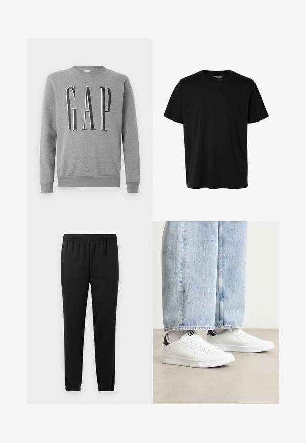 Grauer Sweatshirt mit Rundhalsausschnitt, gerippten Bündchen und Saum, mit dem Wort "GAP" in großer schwarzer Schrift auf der Vorderseite. Weicher Stoff.; Schlichtes schwarzes T-Shirt mit kurzen Ärmeln und Rundhalsausschnitt in Herrenform, ohne sichtbare Muster oder Logos auf der Vorderseite.; Schwarze Jogginghose mit elastischem Bund, schmal zulaufenden Beinen und strukturiertem Stoff. Verfügt über ein dezentes Logo-Detail auf der linken Seite.; Weiße Sneaker mit einer glatten Ledertextur, schwarzen Fersenakzenten und perforierten Details. Kombiniert mit hellblauen, weiten Jeanshosen.