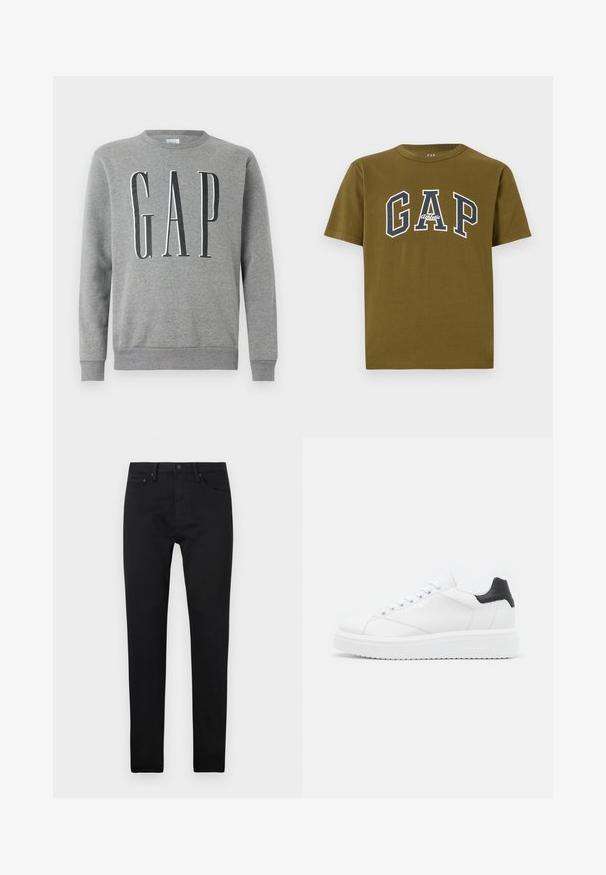 Grauer Sweatshirt mit Rundhalsausschnitt, gerippten Bündchen und Saum, mit dem Wort "GAP" in großer schwarzer Schrift auf der Vorderseite. Weicher Stoff.; Olivgrünes Baumwoll-T-Shirt mit kurzen Ärmeln, das in der Mitte ein weißes und marineblaues "GAP"-Logo sowie den Text "Athletic" zeigt.; Schwarze Slim-Fit-Jeans mit fünf Taschen, Knopfverschluss und Gürtelschlaufen, auf einem schlichten weißen Hintergrund präsentiert.; Weiße Leder-Sneaker mit schwarzem Fersenbereich, flachen Schnürsenkeln, strukturiertem Zwischensohlenteil und Branding auf der Außenseite. Entworfen für den Casual-Look.