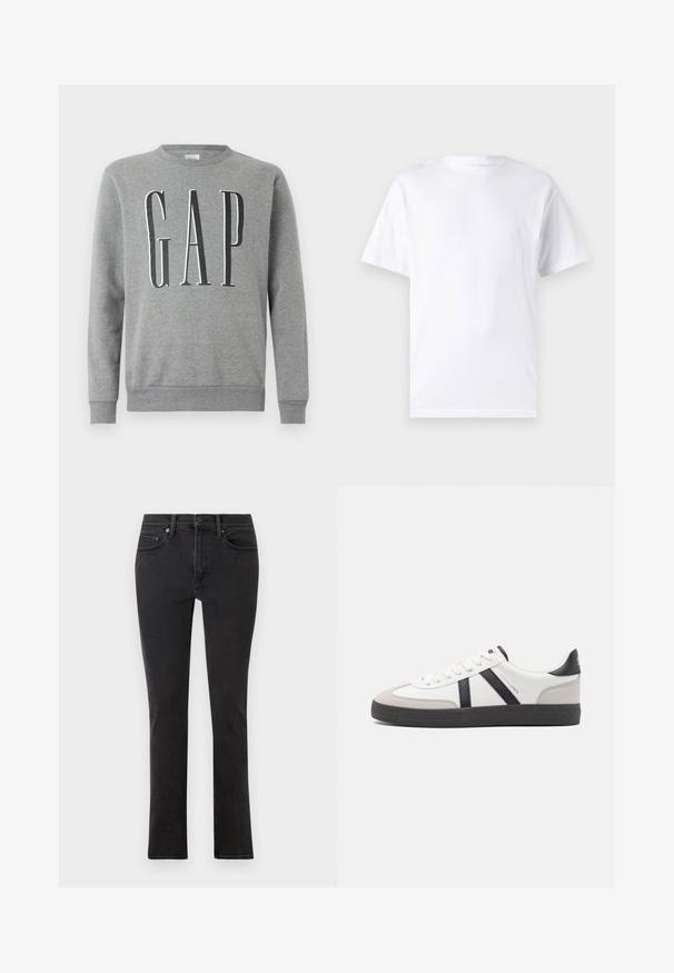 Grauer Sweatshirt mit Rundhalsausschnitt, gerippten Bündchen und Saum, mit dem Wort "GAP" in großer schwarzer Schrift auf der Vorderseite. Weicher Stoff.; Weißes kurzärmeliges T-Shirt aus Baumwolle mit Rundhalsausschnitt, das eine glatte Textur und ein einfaches Design ohne Muster oder Akzente aufweist.; Schwarze Jeans aus Denim im Slim-Fit-Schnitt. Verfügt über fünf Taschen, Gürtelschlaufen und einen Frontreißverschluss mit Knopfverschluss. Glatte Textur.; Weiße Sneaker mit schwarz- und grau-aczenten, ausgestattet mit einer strukturierten grauen Zehenkappe, schwarzer Gummi-Sohle und flachen weißen Schnürsenkeln. Sauberes Design, minimalistische Stil.