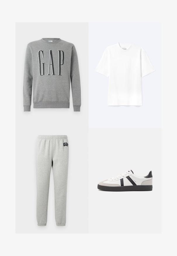 Grijze sweatshirt met een ronde hals, ribgebreide manchetten en zoom, met het woord "GAP" in grote zwarte letters op de voorkant. Zachte stoftextuur.; Effen witte T-shirt met korte mouwen en ronde hals, met een losse pasvorm, weergegeven op een lichte achtergrond.; Grijze sweats met een elastische tailleband, cuffed enkels, en een marineblauwe "GAP" logo op de linker boven dij. Zachte, katoenen stofmix.; Witte sneaker met zwarte en grijze accenten, voorzien van een grijze neus met textuur, zwarte rubberen zool en platte witte veters. Schoon ontwerp, minimalistische stijl.
