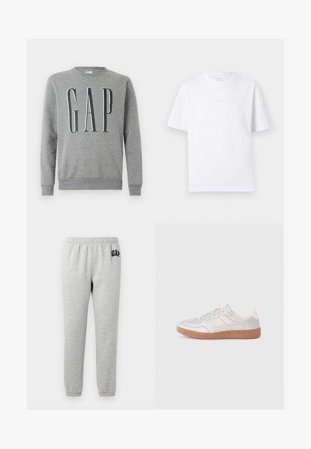 Grijze sweatshirt met een ronde hals, ribgebreide manchetten en zoom, met het woord "GAP" in grote zwarte letters op de voorkant. Zachte stoftextuur.; Effen wit T-shirt met korte mouwen en een ronde hals, voorzien van een subtiel klein logo in het midden van de borst, weergegeven op een witte achtergrond.; Grijze sweats met een elastische tailleband, cuffed enkels, en een marineblauwe "GAP" logo op de linker boven dij. Zachte, katoenen stofmix.; Zilveren sneakers met een gladde textuur, vetersluiting, geperforeerde accenten en een gestructureerde bruine rubberen zool.