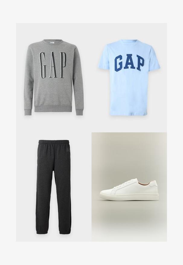 Grå sweatshirt med rund hals, ribbede manchetter og kant, med ordet "GAP" i store sorte bogstaver på forsiden. Blød stofstruktur.; Lyseblå bomuld T-shirt med en fed mørkeblå "GAP" logo tværs over brystet. Korte ærmer med klassisk rund halsudskæring.; Grå sweatpants lavet af blødt stof, med elastisk talje og indsnævrede ben med elastiske manchetter. Subtilt logo detalje på det ene ben.; Hvid lavt snøresko med snørelukning og flad sål, vist fra siden på en neutral baggrund.