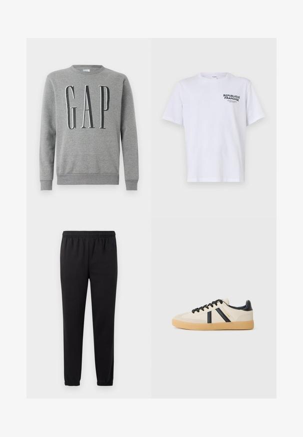Grauer Sweatshirt mit Rundhalsausschnitt, gerippten Bündchen und Saum, mit dem Wort "GAP" in großer schwarzer Schrift auf der Vorderseite. Weicher Stoff.; Weißes Baumwoll-T-Shirt mit kurzen Ärmeln und Rundhalsausschnitt. Der Druck auf der linken Brust trägt "REPUBLIQUE FRANCAISE" in dunkelgrüner Schrift.; Schwarze Jogginghose mit elastischem Bund, schmal zulaufenden Beinen und strukturiertem Stoff. Verfügt über ein dezentes Logo-Detail auf der linken Seite.; Legere Sneaker in Creme mit schwarzen Streifen, mit einer strukturierten Oberseite und einer Sohle aus Gummi. Die Schnürsenkel sind schwarz. Diskretes Logo an der Seite.