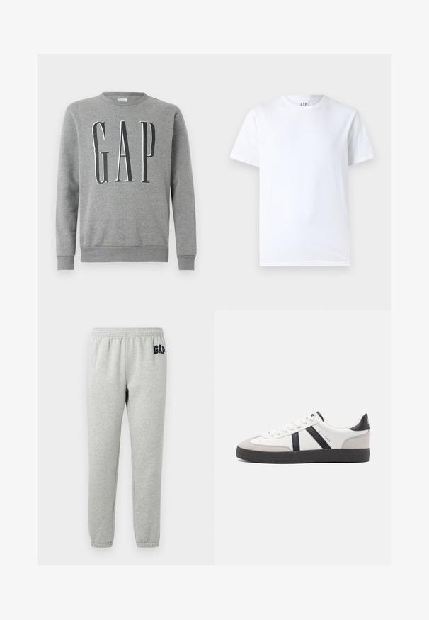 Grå sweatshirt med rund hals, ribbede manchetter og kant, med ordet "GAP" i store sorte bogstaver på forsiden. Blød stofstruktur.; Hvid bomulds t-shirt med rund halsudskæring og korte ærmer. Enkel design uden mønstre eller grafik, med GAP branding på kraven.; Grå sweatpants med elastisk talje, manchetter ved anklerne og et marineblåt "GAP" logo på venstre øvre lår. Blødt stof i bomuldsblanding.; Hvide sneakers med sorte og grå detaljer, med en tekstureret grå tåhætte, sort gummisål og flade hvide snørebånd. Rent design, minimalistisk stil.