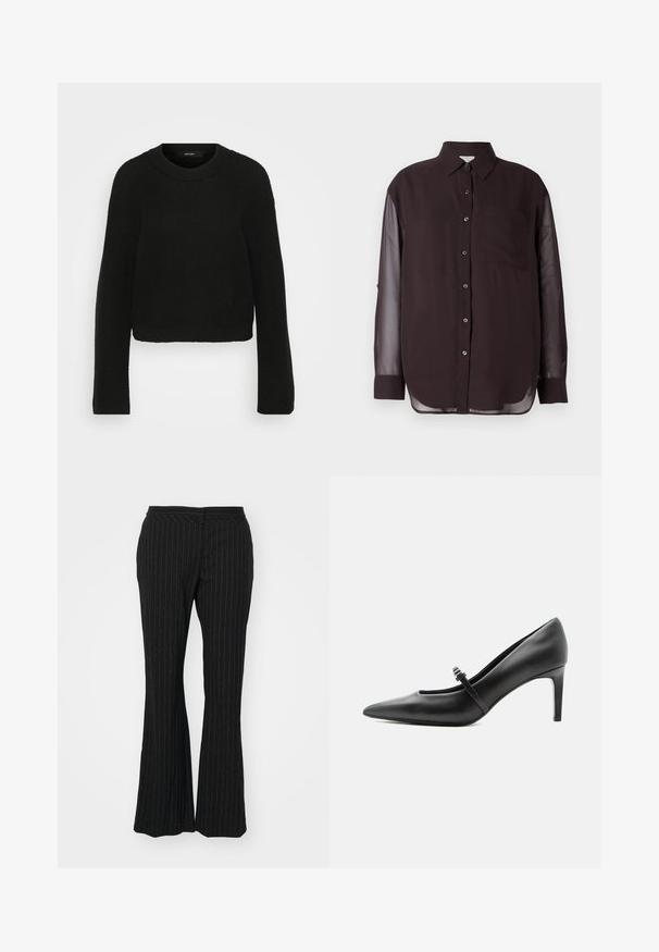 Pull en tricot noir avec un col rond et des manches longues. Présente un motif texturé et un design court.; Chemise noire à boutons avec des manches longues transparentes, une poche poitrine et un ourlet arrondi. Texture de tissu lisse ; design de col classique.; Pantalons évasés noirs à rayures, présentant une texture lisse et une taille mi-haute, conçus avec une coupe ajustée et un éclat subtil.; Escarpin noir en cuir à bout pointu avec une fine bride et une boucle sur le cou-de-pied, posé sur un fond clair neutre.