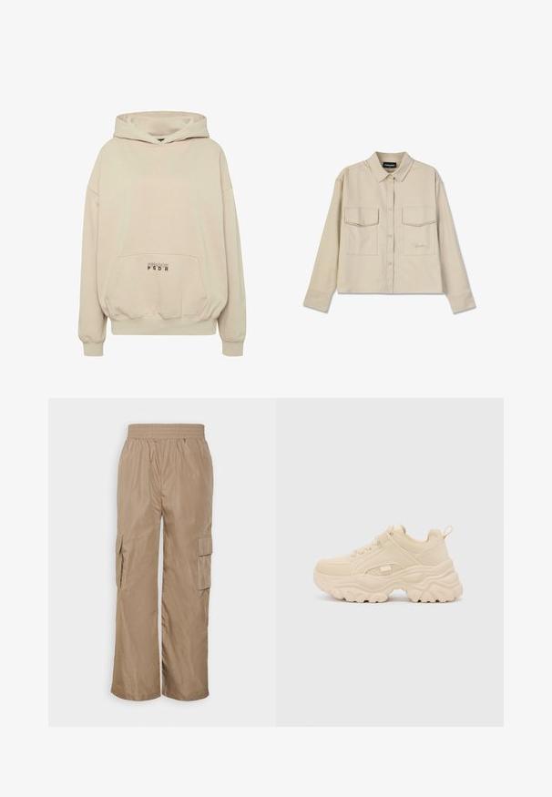 Sudadera con capucha beige con bolsillo frontal, puños acanalados y capucha con cordón. Texto "PECADOR PGDR" impreso en el área del bolsillo.; Camisa beige de botones con cuello, mangas largas y dos bolsillos en el pecho. Presenta un logo bordado y una textura suave y lisa.; Even&Odd by Zalando Pantalones cargo - beige; Buffalo GALACTICA - Zapatillas - cream