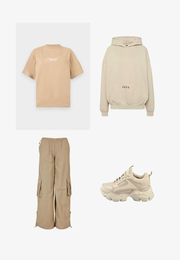 Beige hættetrøje med en forlomme, ribbede manchetter og snøre i hætten. "PECADOR PGDR" tekst trykt på lommedelen.; Beige bomulds t-shirt med korte ærmer, rund halsudskæring og hvid skråskrift på fronten, der står "Pegador Dreams Come True."; Beige cargo bukser med elastisk talje, to sidelommer og mesh-detaljer; fremstillet af letvægts, tekstureret stof.; Kraftig beige sneaker med mesh- og læderpaneler, tyk tekstureret sål, snøreføring foran, polstret krave og trækstropper ved tunge og hæl.