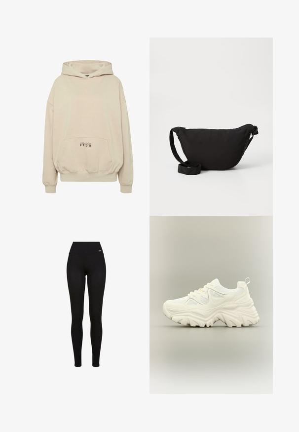 Beige hoodie met een voorzak, geribbelde boorden en een capuchon met trekkoord. "PECADOR PGDR" tekst gedrukt op het zakgebied.; Zwarte leggings met een hoge tailleband, rekbaar materiaal, een soepele textuur en een pasvorm die geschikt is voor casual of sportieve kleding.; Witte chunky sneaker met dikke textuurrijke zool, mesh panelen, veters aan de voorkant en een treklipje aan de hiel op een neutrale achtergrond.; Zwarte hobo tas gemaakt van zachte stof, met een gebogen vorm, een ritssluiting en een brede verstelbare schouderriem. Glad van structuur zonder patronen.