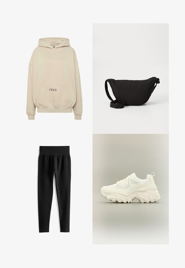Beige hoodie met een voorzak, geribbelde boorden en een capuchon met trekkoord. "PECADOR PGDR" tekst gedrukt op het zakgebied.; Zwarte geribde legging met een brede, elastische tailleband. De stof lijkt rekbaar en gestructureerd, eindigend net boven de enkel.; Witte chunky sneaker met dikke textuurrijke zool, mesh panelen, veters aan de voorkant en een treklipje aan de hiel op een neutrale achtergrond.; Zwarte hobo tas gemaakt van zachte stof, met een gebogen vorm, een ritssluiting en een brede verstelbare schouderriem. Glad van structuur zonder patronen.