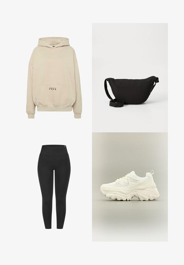 Sudadera con capucha beige con bolsillo frontal, puños acanalados y capucha con cordón. Texto "PECADOR PGDR" impreso en el área del bolsillo.; Mallas negras con una cintura alta elástica, textura suave y diseño ceñido, adecuadas para diversas actividades.; Zapatilla blanca gruesa con suela gruesa y texturizada, paneles de malla, cierre de cordones en la parte delantera y tira en el talón sobre un fondo neutro.; Bolso hobo negro de tela suave, con forma curva, cierre de cremallera y una amplia correa ajustable. Textura suave sin patrones.