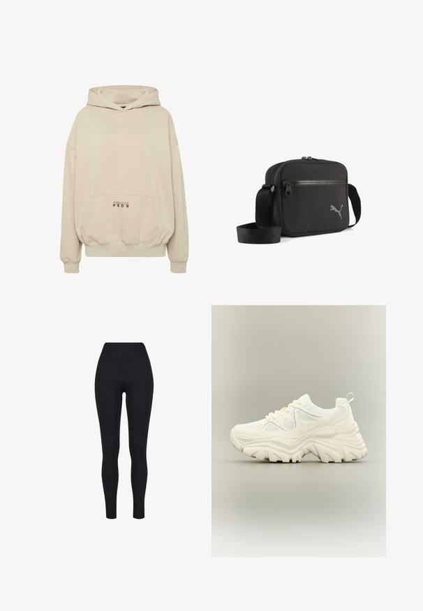 Sudadera con capucha beige con bolsillo frontal, puños acanalados y capucha con cordón. Texto "PECADOR PGDR" impreso en el área del bolsillo.; Leggings negros de talle alto, confeccionados con una tela elástica, que presentan una textura suave y un diseño ajustado sin costuras ni patrones visibles.; Zapatilla blanca gruesa con suela gruesa y texturizada, paneles de malla, cierre de cordones en la parte delantera y tira en el talón sobre un fondo neutro.; Bolso de hombro de tela negra con forma rectangular, que cuenta con un cierre de cremallera, superficie texturizada y un logo bordado gris en un lado.