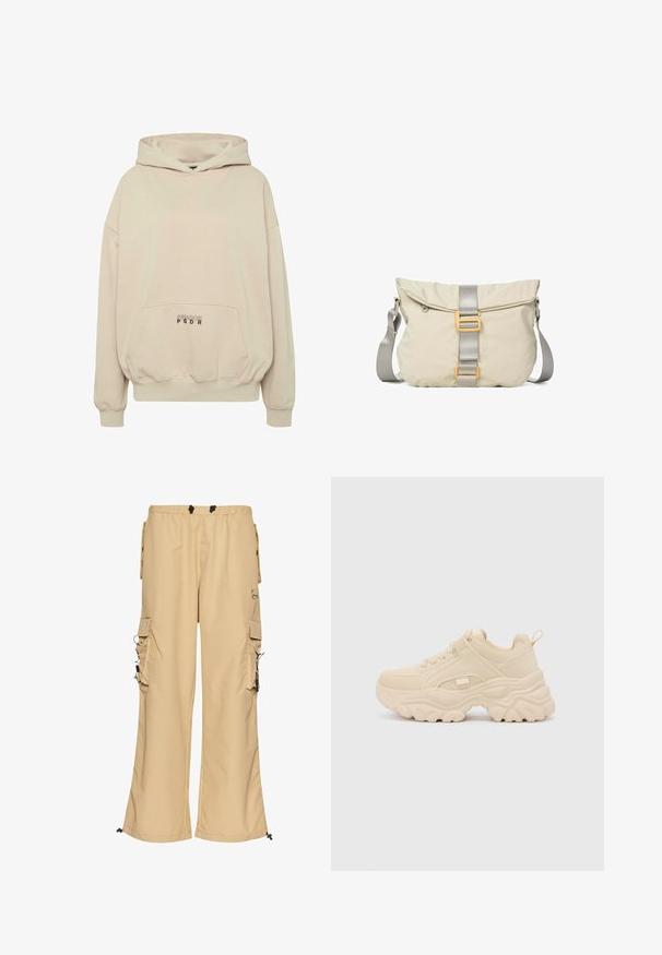 Sudadera con capucha beige con bolsillo frontal, puños acanalados y capucha con cordón. Texto "PECADOR PGDR" impreso en el área del bolsillo.; Pantalones cargo beige con piernas anchas, cinturilla elástica, bolsillos laterales y detalles de cordón. Fabricados con un tejido ligero de textura suave.; Buffalo GALACTICA - Zapatillas - cream; Bolso bandolera beige con correa gris ajustable y correa central gris con dos hebillas rectangulares amarillas.